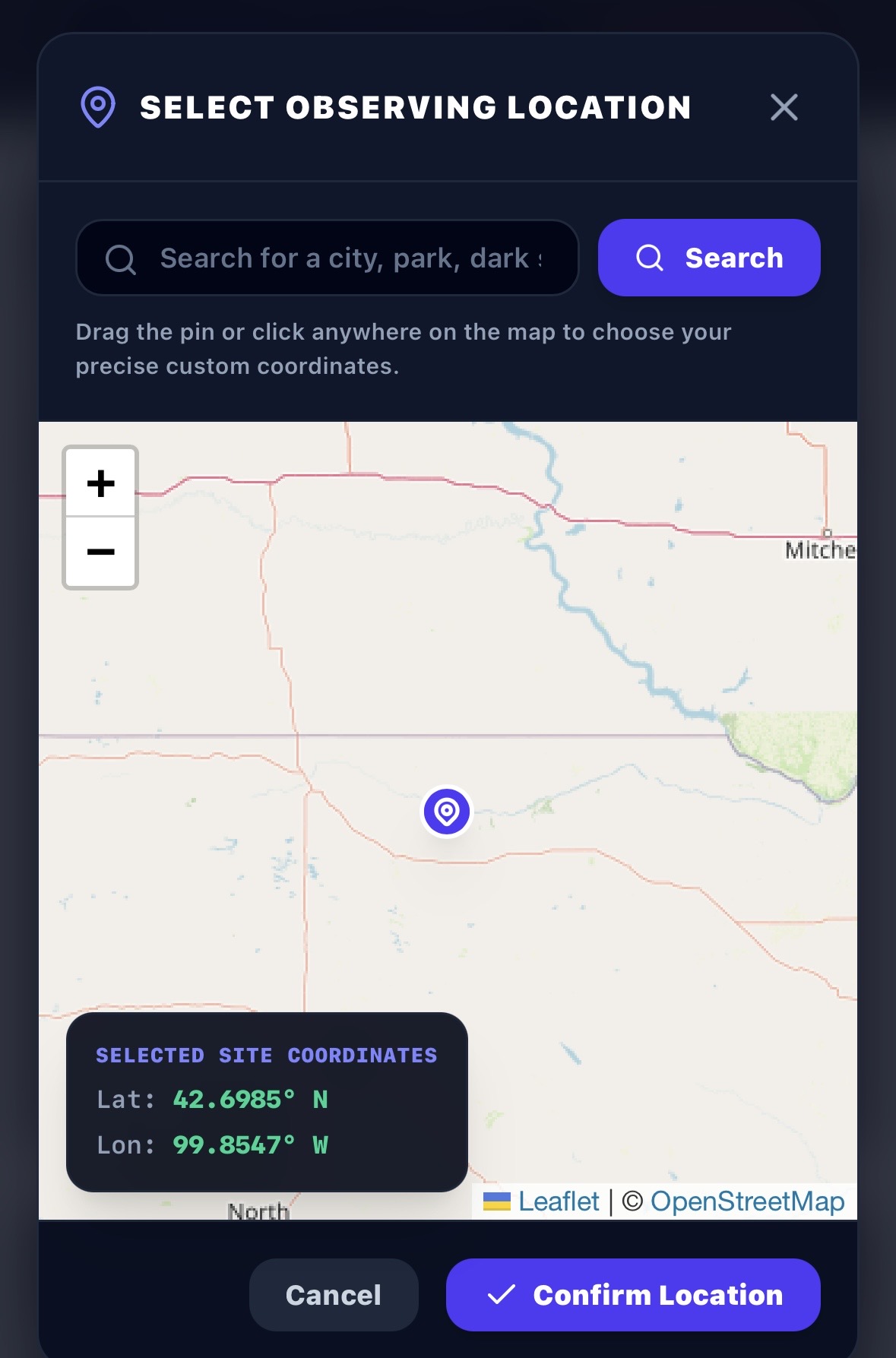 Custom Site Selection Map Modal