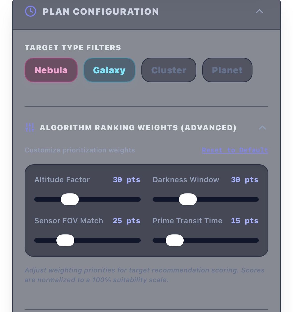 Target Recommendation Weight Customization Panel