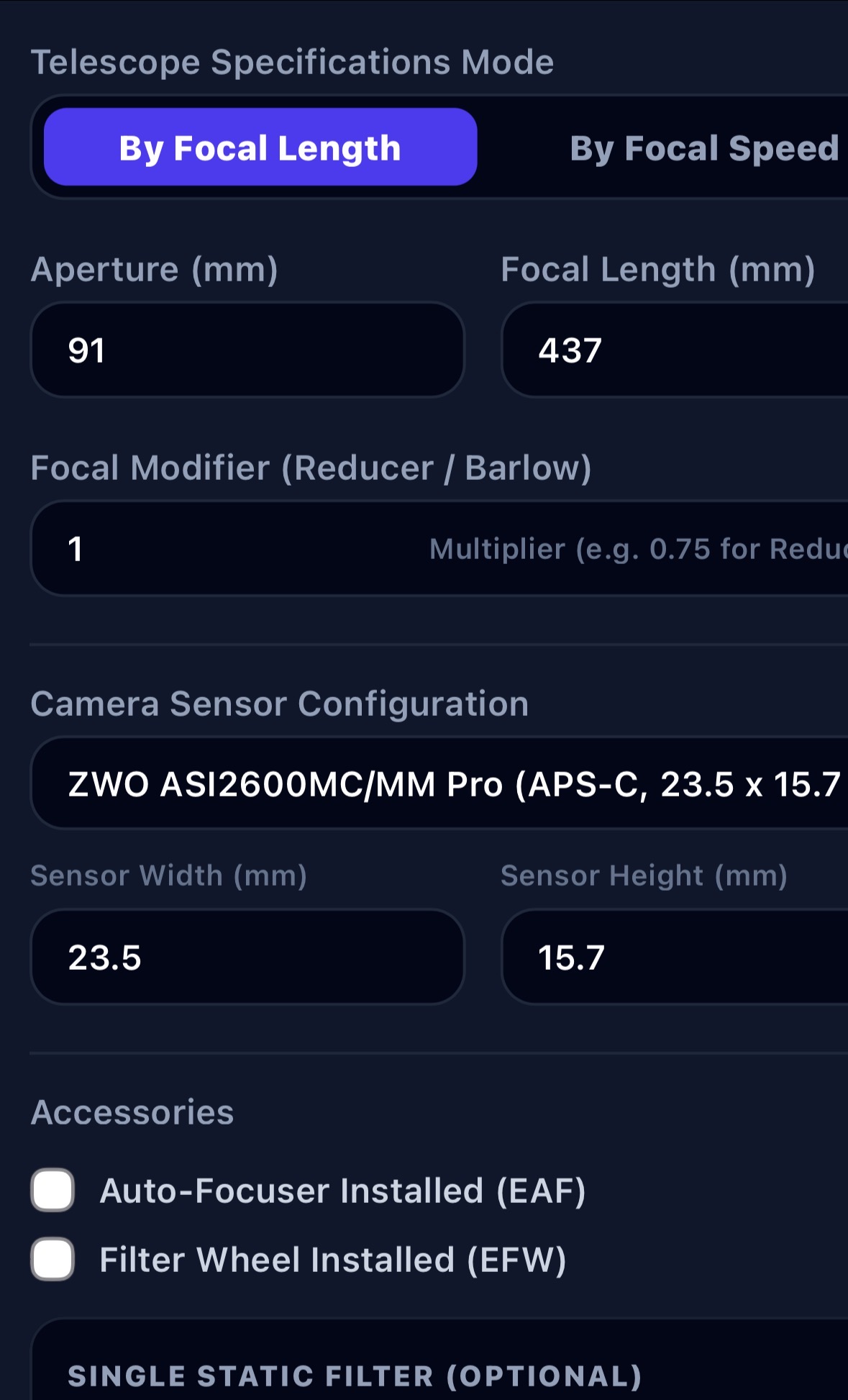 Telescope & Camera Customization Modal